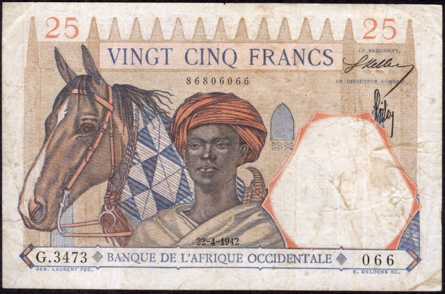 1942-Twenty-Five-Francs-Bank-Note-of-French-West-Africa.-