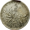 1963 Silver Five Francs Coin of France.