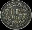 1945 Silver One Franc Coin of Switzerland.